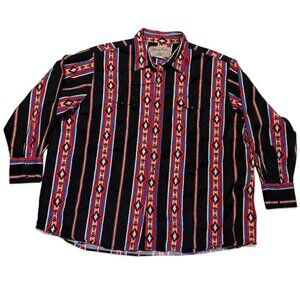 Wrangler Men's 3X Wrancher Southwestern Aztec Pearl Snap Western Shirt Black Red